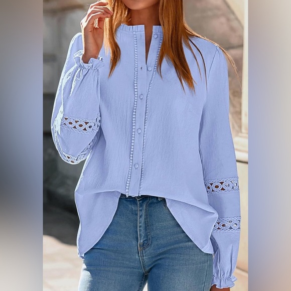 Light Blue Peasant Embroidered Top | Long Sleeve & Buttons | Cotton | M | New - Picture 4 of 14